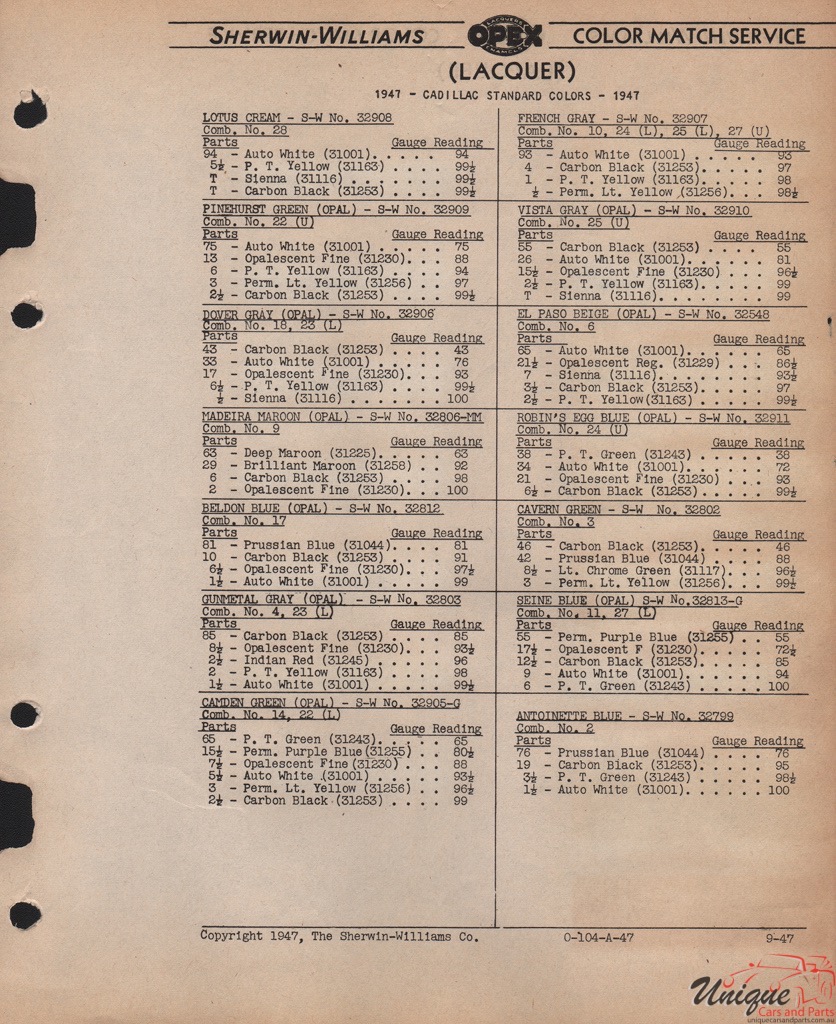 1947 Cadillac Paint Charts Williams 3